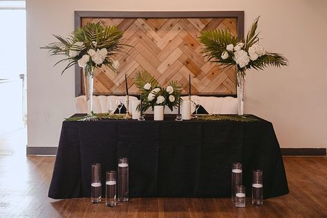 Black And White Sweetheart Table Wedding, Black And White Tropical Wedding, Black Sweetheart Table, Black And White Sweetheart Table, Black Candlesticks, Herringbone Wall, Tropical Wedding Inspiration, Old Hollywood Wedding, Sweetheart Table Wedding