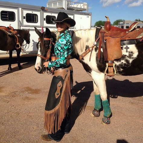 leather | • Ladies Chaps & Chinks Cowgirl Chaps, American Cowgirl, Western Cowgirl Style, Mounted Shooting, Rodeo Style, Cowboy Pants, Western Lifestyle, Cowboy Horse, Rodeo Fashion