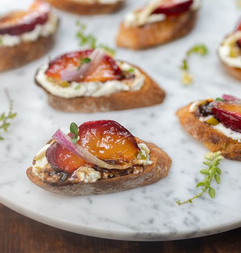 Roasted Plum Ricotta Crostini with Maple-Balsamic Glaze Crostini Ricotta, Cake Sandwiches, Ricotta Crostini, Ricotta Dip, Toasted Crostini, Vegan Ricotta, Maple Balsamic, Fall Appetizers, Zest For Life