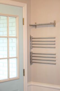 swing arm towel bars (Grundtal from Ikea) installed for hanging clothes dry in the laundry room Ikea Towel, Ikea Towels, Laundry Room Drying Rack, Perfect Laundry Room, Wall Mounted Drying Rack, Small Laundry Room Organization, Laundry Rack, Drying Racks, Drying Rack Laundry