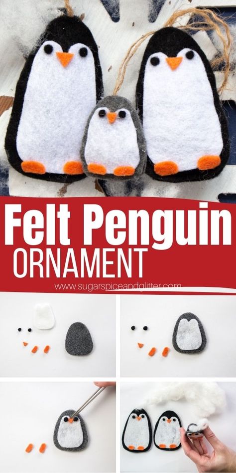 Felt Christmas Ornaments Cricut, No See Felt Crafts, Easy Felt Christmas Ornaments No Sew, Felt Ornaments No Sew, Felt Penguin Pattern Free, No Sew Felt Christmas Ornaments, Cricut Felt Ornaments Diy, Penguin Tree Christmas, Winter Decorations Diy Kids