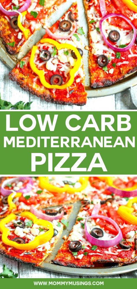 Mediterranean pizza - Healthy pizza recipe topped with veggies and a low carb cauliflower crust #pizza #lowcarb #healthyrecipes #Mediterranean #vegetarian #pizzaideas Low Carb Crust, Pizza With Cauliflower Crust, Mediterranean Vegetarian, Mediterranean Pizza, Pizza Healthy, Dinner Recipes Healthy Low Carb, Healthy Low Carb Snacks, Healthy Pizza Recipes, Low Fat Low Carb