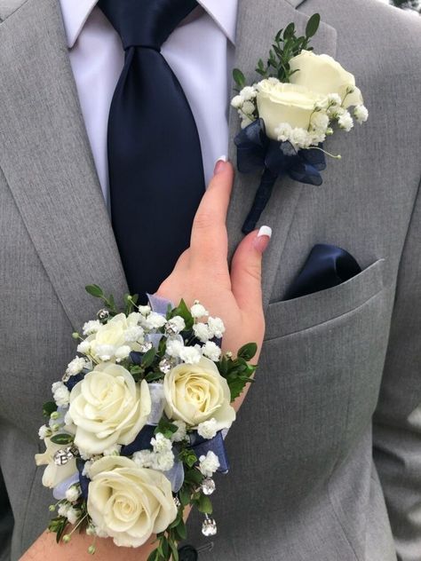 Prom Buttoniere And Corsage, White And Navy Boutonniere, Boutineer And Corsage Ideas Prom, Boutinneres Prom, Boutonnieres And Corsages, Navy Blue And White Corsage, Boutinere Ideas Prom, Navy Blue Corsage And Boutonniere, Silver Corsage And Boutonniere