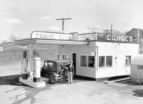 Conoco Travel Club gas station, Ritzville, Washington, March 20, 1941 - Adams County Community Archive - Washington Rural Heritage Phillips 66, Old Gas Stations, Washing Windows, Travel Club, Gas Stations, Combustion Engine, Service Station, March 20, Gas Station