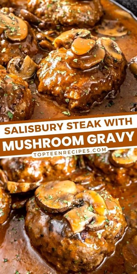 Cajun Ninja Hamburger Steak, Best Salisbury Steak Recipe, Salisbury Steak With Mushroom Gravy, Steak With Mushroom Gravy, Homemade Salisbury Steak, Easy Salisbury Steak, Easy Comfort Food Dinners, Mushroom Gravy Recipe, Salisbury Steak Recipes