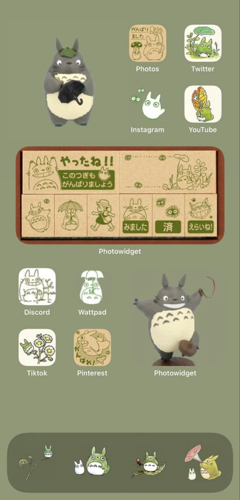 studio ghibli my neighbor totoro aesthetic ios layout homescreen idea (◍′ω‵◍) My Neighbor Totoro Aesthetic Icon, My Neighbor Totoro Homescreen, Ghibli Wallpapers Iphone, Ios 16 Home Screen Ideas Studio Ghibli, Totoro Homescreen Layout, Homescreen Layout Studio Ghibli, Studio Ghibli Wallpaper Home Screen, Totoro Iphone Layout, Totoro Aesthetic Icons