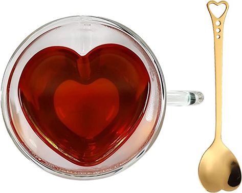 Amazon.com | Heart Shaped Cup - Double Walled Insulated Glass Coffee Mug or Tea Cup - Double Wall Glass 8oz (240ml) - Clear - Unique & Insulated with Handle - With Teaspoon: Espresso Cups Heart Shaped Mug, Gold Spoon, Glass Coffee Mug, Double Wall Glass, Glass Tea Cups, Glass Coffee Cups, Valentines Mugs, Cute Coffee Mugs, Fancy Coffee