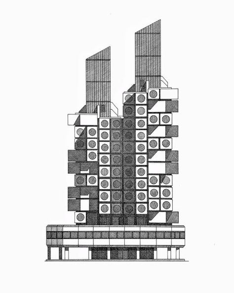 Endless Drafts on Instagram: "In memory of Nagakin Capsule Tower The demolition of this iconic structure began this week and it saddens me that one of Tokyo most representative examples of modern architectural heritage will be lost. Fortunately the some of the capsules will be preserved for exhibition. #illustrarch #architecture #arch #archisource #illustration #design #archdaily #architects #arquitectura #archilovers #architecturelovers #thebestnewarchitects #architecturestudent #sketch # Japanese Architecture Drawings, Nakagin Capsule Tower, Modern Japanese Architecture, Brutalism Architecture, Timber Architecture, Perspective Drawing Architecture, Neoclassical Architecture, Apartment Architecture, Architecture Poster