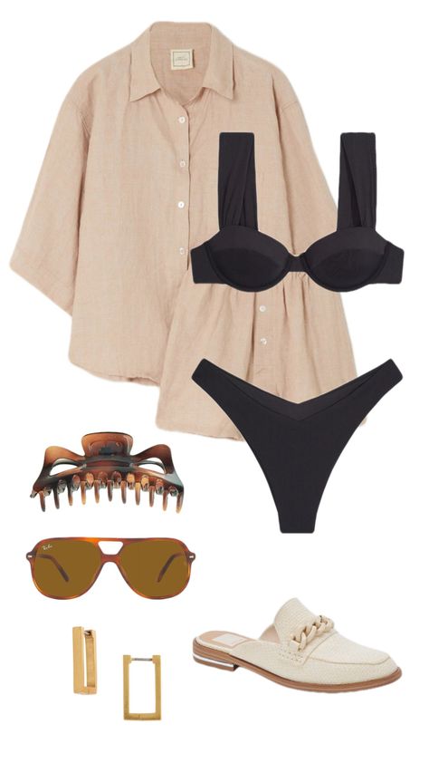 Beach Outfit Flatlay, Honeymoon Outfits Bathing Suits Bikinis, Neutral Bathing Suit Aesthetic, Bathing Suits For Italy, Europe Bathing Suit, Italy Bathing Suit, Neutral Bathing Suits, Neutral Vacation Outfit, Neutral Beach Outfits