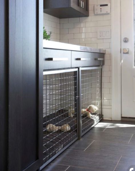 Dog Kennel In Cabinet, Under Cabinet Dog Kennel, Dog Kennel Built In Cabinets, Dog Crate Built In Cabinet, Dog Sleeping Area Ideas, Cabinet Dog Kennel, Dog Sleeping Area, Bedroom Dog Crate, Cabinet Dog Crate