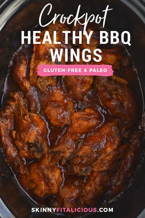 Healthy Crockpot BBQ Wings! All the spicy flavor you love in chicken wings packed in a healthy, low sugar BBQ sauce. The perfect game day appetizer, party favor, or dinner for healthy eaters! Gluten Free + Paleo + Low Calorie Crockpot Bbq Wings, Low Sugar Bbq Sauce, Appetizer Party, Crockpot Appetizers, Bbq Chicken Crockpot, Bbq Chicken Wings, Crockpot Healthy, Healthy Appetizer, Bbq Wings