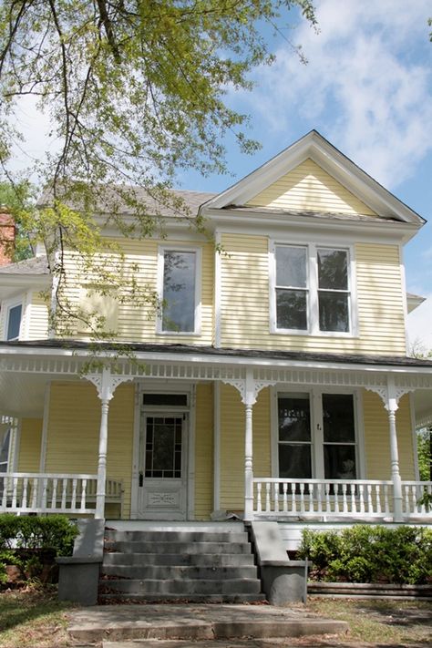 Old yellow farmhouse Yellow House Wrap Around Porch, Yellow Farmhouse Exterior, Light Yellow House, Pale Yellow House, Yellow Victorian House, Eufaula Alabama, House Wrap Around Porch, Yellow House Exterior, Vermont Farmhouse