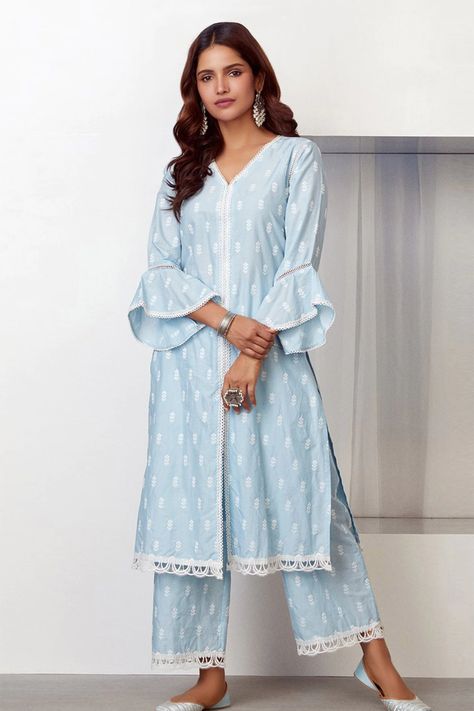 Cotton Wide Leg Pants, Kurta And Palazzo, Anushree Reddy, Blue Kurta, White Kurta, Straight Fit Pants, Palazzo Set, Lakme Fashion Week, Frill Sleeves