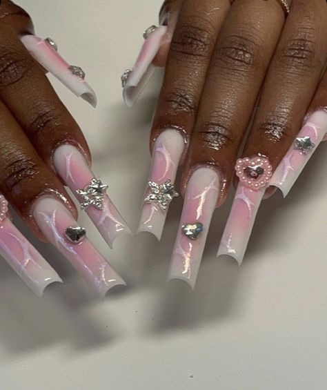 Long pink and white acrylic nails Acrylic Nails Y2k, Airbrush Nails, Y2k Nails, Her Nails, Bling Acrylic Nails, Gem Nails, Kawaii Nails, Nail Jewelry, Pink Acrylic Nails