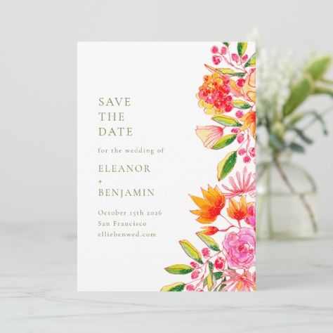 $2.86 | Modern Pink Orange Green Floral Simple Wedding | Popular Save the Date Cards | watercolor, floral, garden flower, spring summer aesthetic, trendy stylish and elegant design, modern typography, formal wording host parents name, wedding save the date, pink orange green floral, editable text template Wedding Save The Date Colorful, Summer Floral Wedding Invitations, Summer Wedding Save The Dates, Pink And Green Wedding Florals, Pink And Orange Wedding Theme, Aesthetic Wedding Invitations, Pink Orange Wedding, Save The Date Pink, Colorful Garden Wedding