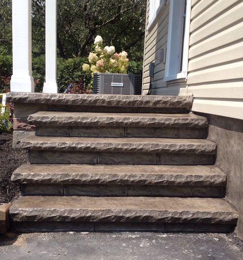 Stamped Concrete Overlay with Chiseled Stone Bullnose Stamped Concrete Overlay, Chiseled Stone, Front Porch Stone, Concrete Front Porch, Stone Porches, Front Porch Steps, Concrete Cover, Concrete Overlay, Patio Steps