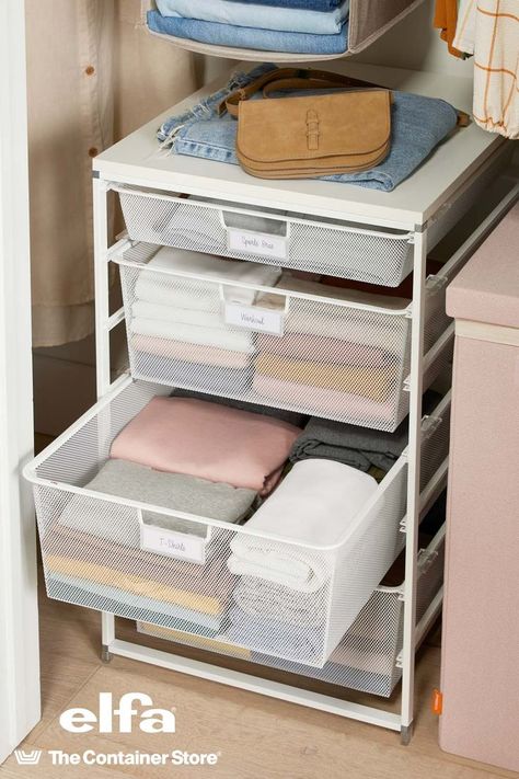 Elfa Drawers are an easy way to add instant storage space to a dorm or small apartment. From clothes to snacks, they can help organize almost anything! Choose from a selection of sizes and finishes to find the solution that works best for your space. Elfa Drawers, Bedroom Storage Ideas For Small Spaces, Closet System With Drawers, Elfa Closet System, Dorm Closet Organization, Small Space Storage Bedroom, Clothes Organization Small Space, Mom Room, Elfa Closet