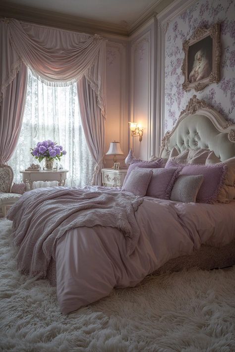 29 Grand Millennial Bedroom Ideas to Blend Tradition with Modern Style 23 Lavender Guest Bedroom, Purple Vintage Bedroom, Lavender Bedroom Aesthetic, Peaceful Bedroom Colors, Grand Millennial Bedroom, Millennial Bedroom, Light Purple Room, Lavender Bedroom Ideas, Sister Bedroom