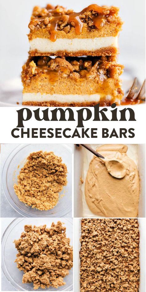 The BEST pumpkin cheesecake bars — a delicious cinnamon graham cracker crust with two layers of cheesecake topped with an easy streusel and caramel sauce. These famous pumpkin cheesecake bars are sure to be a smash hit wherever you serve them! Best Pumpkin Cheesecake, Cinnamon Graham Cracker Crust, Caramel Cheesecake Bars, Layer Cheesecake, Cheesecake Bar, Pumpkin Cheesecake Bars, Easy Caramel, Pumpkin Cheesecake Recipes, Dessert Simple