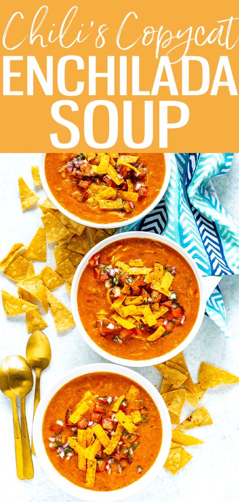 Chili's Chicken Enchilada Soup Chilis Enchilada Soup, Chili's Chicken Enchilada Soup, Ww Soup, Chili Enchiladas, Enchilada Soup Recipe, Tortilla Strips, Canned Green Chilies, Fresh Guacamole, Chicken Enchilada Soup