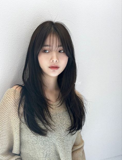 Layer Hair Korean Long, Korean Hairstyle Layered Long, Layers With Bangs Asian, Wolfcut Hair Long Round Face, Korean Hair Inspiration, Asian Girl Haircut Medium, Asian Hairstyles Straight Hair, Medium Long Length Haircut With Bangs, Hairstyles For Long Asian Hair