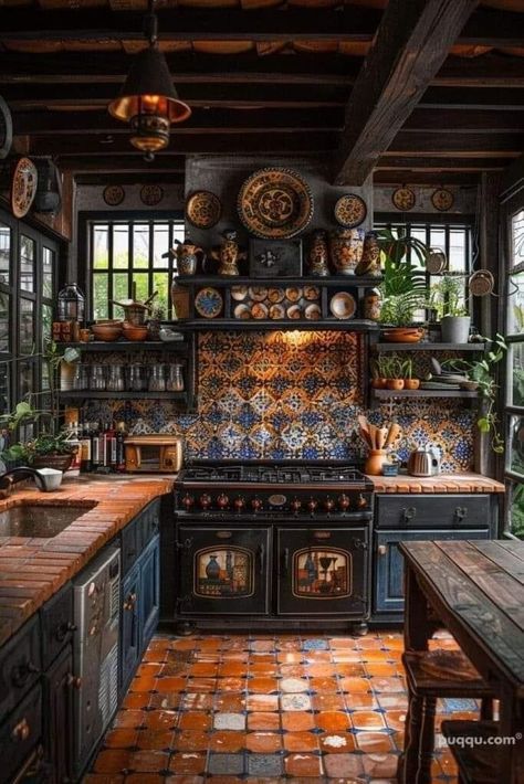 Rustic Kitchen Decor Ideas, Spanish Inspired Kitchen, Spanish Cottage, Spanish Style Kitchen, Boho Kitchens, Stunning Interior Design, Kitchen Decor Ideas, Compact Kitchen, Rustic Kitchen Decor