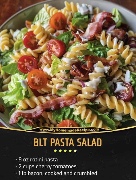 Office Potluck, Blt Pasta Salad, Blt Pasta, Blt Pasta Salads, Pasta Salad Ingredients, Rotini Pasta, Family Cookbook, Printable Recipe, Romaine Lettuce