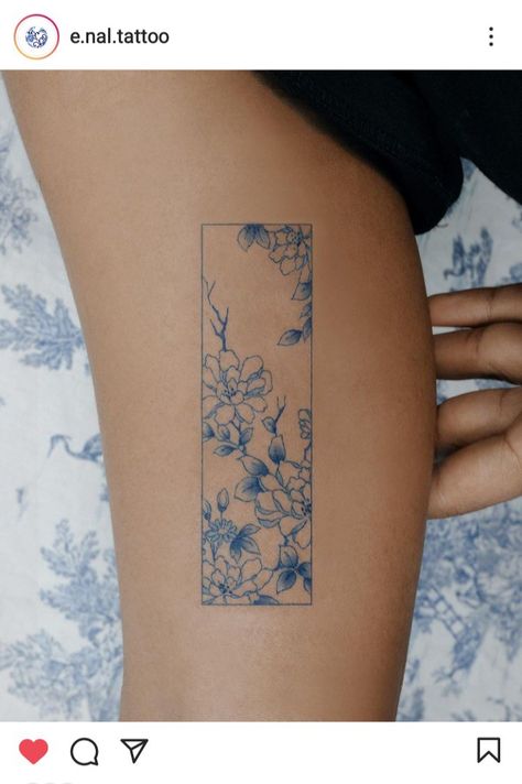 Chinese Porcelain Pattern Tattoo, Korean Art Tattoo, Blue China Tattoo, Blue Peony Tattoo, Rectangle Tattoo, China Tattoo, Blue Ink Tattoos, Tattoo Instagram, Blue Tattoo