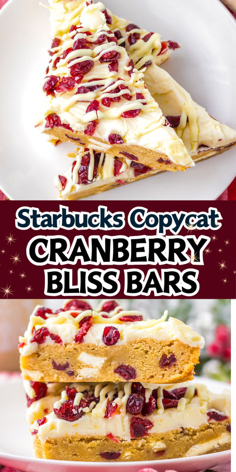 Cranberry bliss bars stacked on a white plate. White Chocolate Cranberry Bars, Dried Cranberry Desserts, Dried Cranberry Recipes, Copycat Cranberry Bliss Bars, Christmas Receipts, Bliss Bars Starbucks, Cranberry Dessert Recipes, Cheese Dessert Recipes, Starbucks Cranberry Bliss Bars