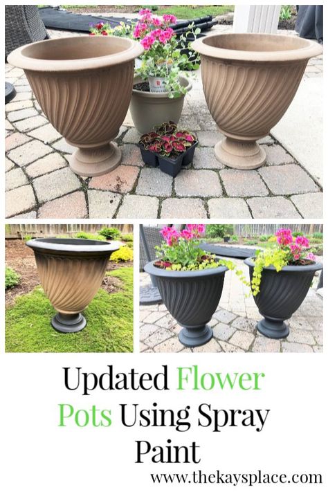 Spray painting your old flower pots can make them like new again. Black spray paint is the best! Painting Outdoor Planters, Spray Paint Flowers, Paint Garden Pots, Best Spray Paint, Spray Paint Projects, Diy Spray Paint, Spring Decor Diy, Flower Pots Outdoor, Plastic Flower Pots