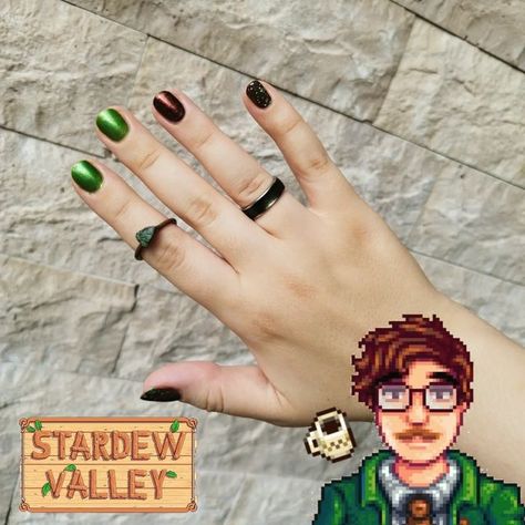 A green and brown manicure with green-silver foil detail Stardew Valley Nails, Pretty Fingers, Stardew Valley Fanart, Passion Project, Stardew Valley, Kind Heart, Manicure, Nail Polish, Nail Art