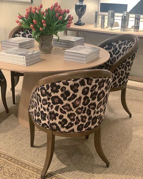 Mr. & Mrs. Howard on Instagram: “Stunning NEW dining chair and fabric- amazing hand and pattern on this animal print! 🐆😍#mrandmrshoward #hpmkt #sherrillfurniture” Leopard Dining Room, Leopard Office Chair, Leapord Print Dining Chairs, Cheetah Chair, Leopard Print Chair, Leopard Chair, Sherrill Furniture, Printed Chair, Wooden Chair