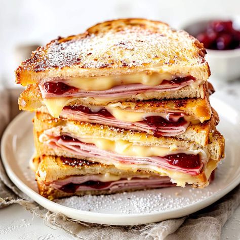 Savory Combo Recipes, Monty Cristo, Cooked Sandwiches, Montecristo Sandwich, Monte Crisco, Monte Cristo Sandwich Recipe, Monte Christo, Baked Sandwiches, Fatty Foods