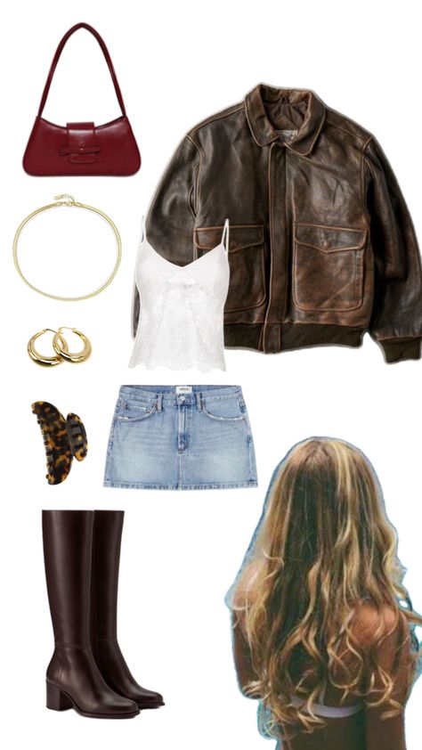 Brown leather jacket, brown leather boots, denim skirt, white lace top, gold jewellery, claw clip and burgundy bag Brown Leather Jacket Outfit, Womens Leather Jacket Outfit, Brown Boots Outfit, Boots Denim, 90’s Outfits, Sabrina Carpenter Outfits, White Leather Boots, Leather Jacket Brown, Burgundy Bag