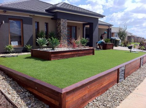 Front Yard With Retaining Wall, Australian Front Garden Ideas, Contemporary Front Yard Landscaping, Timber Retaining Wall, Retaining Wall Design, Front Yard Patio, Entrance Garden, Australia Landscape, Modern Front Yard