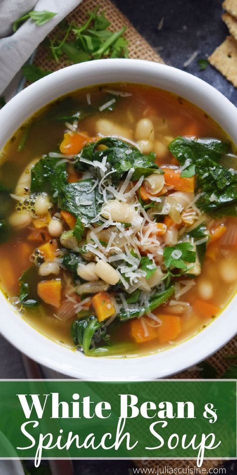 White Bean & Spinach Soup Winter Soup Recipes Healthy, White Bean And Spinach Soup, Vegetable Broth Soup, White Beans And Spinach, Spinach Soup Healthy, Winter Vegetable Soup, Bean And Vegetable Soup, Spinach Soup Recipe, White Bean Recipes