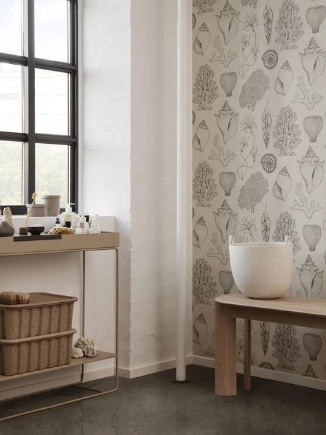 Latest Wallpaper Designs, Katie Scott, Wallpaper Display, Coastal Wallpaper, Family Dining Rooms, Plant Box, Family Dining, Seat Design, Burke Decor