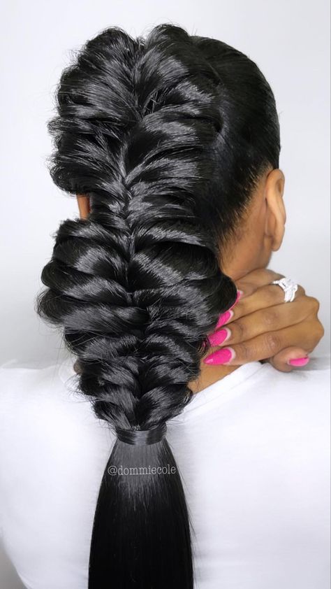 Long Braid Black Women, Unique Ponytail Hairstyles Black Women, Pinup Ponytail Hairstyles Black Hair, Braid Black Women, Unique Braided Ponytail, High Fashion Ponytail Hairstyles, High Fashion Ponytail, Bridesmaids Hairstyle, Edgy Blonde Hair