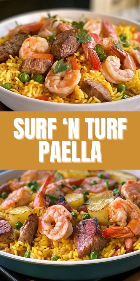 Savor the ultimate culinary indulgence with this delicious Surf ‘n Turf Paella! 🥘🦐🥩 This Spanish-inspired dish combines juicy steak, succulent seafood, and perfectly seasoned rice for an unforgettable meal. Ideal for special occasions, dinner parties, or when you want to treat yourself to something extraordinary! 👉 Save this Pin and enjoy a flavorful paella at home! #SurfAndTurf #PaellaRecipe #SpanishFood #SeafoodLovers #SteakAndSeafood #DinnerPartyIdeas #SpecialOccasionMeals #GourmetRecipes Surf And Turf Ideas Dinners, Surf N Turf Dinner, Paella Recipe Authentic, Best Paella Recipe, Paella Recipes, Easy Paella, Surf N Turf, Seafood Paella, Paella Recipe