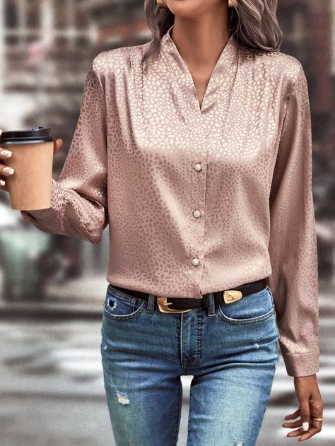 Dusty Pink Elegant Collar Long Sleeve Fabric Plain Shirt Embellished Non-Stretch  Women Tops, Blouses & Tee Function Dresses, Plain Shirt, Women Blouses, Plain Shirts, Girls Fashion, Women Tops, Dalmatian, Button Up Shirt, Dusty Pink