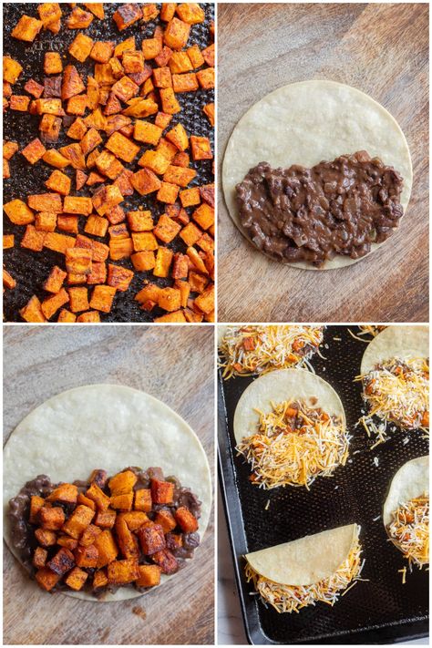 These Roasted Sweet Potato and Black Bean Tacos are easy to make and so great for your next vegetarian Taco Tuesday! They're made using seasoned roasted sweet potatoes, refried black beans and melty cheese. Top with guacamole and enjoy! These tacos are gluten free and easily made vegan using vegan cheese. #tacotuesday #vegetarianrecipe #roastedsweetpotato #blackbeantacos #glutenfree Sweet Potato Burritos, Loaded Sweet Potato Vegetarian, Black Bean And Sweet Potato Recipes, Sweet Potato And Black Bean Tacos, Black Bean And Sweet Potato Tacos, Black Bean Sweet Potato Tacos, Sweet Potato Black Bean Tacos, November Meals, Potato And Black Bean Tacos