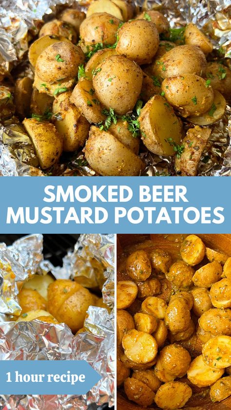 Three image collage of pellet grill smoked potatoes with beer mustard. Mustard Potatoes, Gold Potato Recipes, Smoked Potatoes, Smoked Vegetables, Beer Mustard, Grilled Vegetable Recipes, Bbq Dry Rub, Bbq Games, Pork Rub