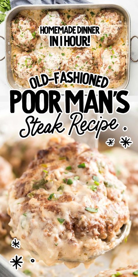 This easy poor man's steak recipe features ground beef patties smothered in a rich mushroom gravy for a quick weeknight dinner. Poormans Steak, Poor Man Steaks, Poor Mans Steak Ground Beef, Poor Man’s Meal, Poor Man's Steak Ground Beef, Poor Man’s Steak, Poor Man’s Beef Stroganoff, Ground Beef Patties, Hamburger Steak Recipes