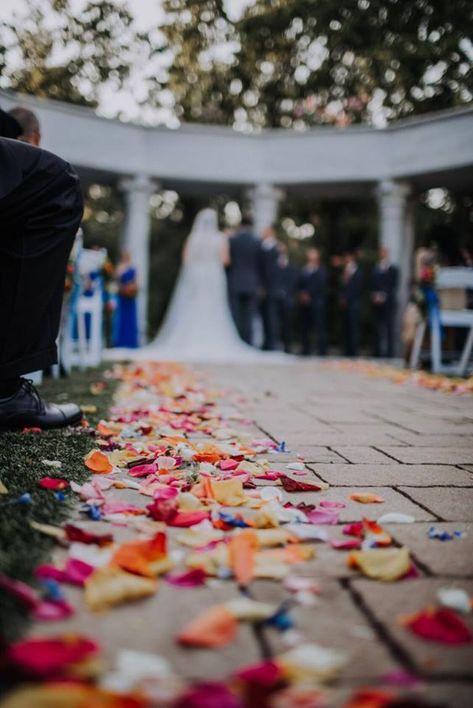 Assorted color rose petals line the aisle. Designed by Jen-Mor Florist, Dover, Delaware www.jenmor.com Wildflower Petals Wedding Aisle, Petals On Aisle Wedding, Flower Peddles Down The Aisle, Colorful Petals Wedding Aisle, Flower Petals Down Aisle, Aisle Arrangements, Vaughan House, Rose Petal Aisle, Wedding Walkway