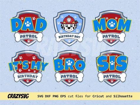 Paw Patrol Birthday Shirt Boys, Paw Patrol Birthday Shirt, Paw Patrol Shirt, Shield Vector, Cricut Birthday, Paw Patrol Toys, Party Logo, Party Boy, Birthday Party Stickers