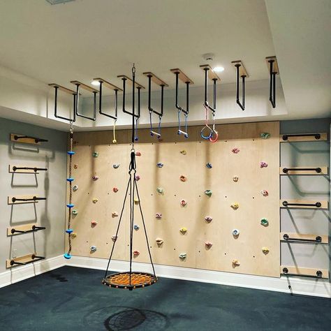 Basement Play Area, Bonus Room Playroom, Kids Playroom Basement, Big Kids Playroom, Garage Playroom, Climbing Wall Kids, Indoor Climbing Wall, Indoor Playroom, Basement Games