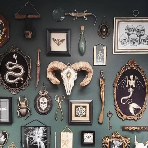 Vintage Gothic Home Decor Bohemian, Witchy Wall Decor Bedroom, Gothic Wall Gallery, Witchy Gallery Wall Ideas, Goth Desert Aesthetic, Oddities Gallery Wall, Witchy Interior Design Vintage, Witch Gallery Wall, Oddities Wall Decor