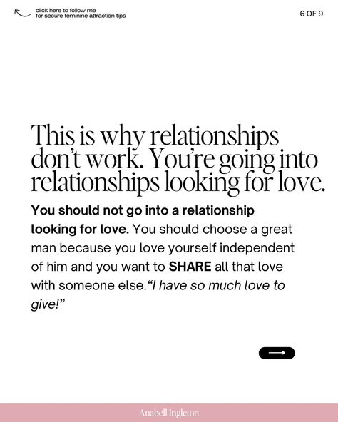 When you don’t love yourself and feel secure and happy when single, You’ll only push him away with your constant need for affirmation, time and attention to make you feel better. ⁣ ⁣ You’ll attach to him and won’t want to let go because you actually truly feel empty and lost without him. And for him, this feels like pressure. It doesn’t feel like a natural connection and a choice. You feel needy and clingy. ⁣ ⁣ You see, a man doesn’t want a woman that relies on him to be happy, safe or feel l... Time And Attention, Great Man, Spiritual Love, Feeling Empty, Feel Loved, The Right Man, Coaching Program, Feeling Loved, Looking For Love