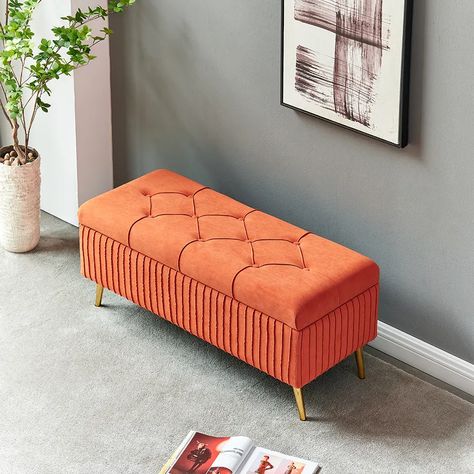 Modern Velvet Storage Bench Flip Top in Orange Small Bench Seat, Velvet Storage Bench, Cushioned Bench, Modern Storage Bench, Cushion Bench, Velvet Storage, Upholstered Bedroom, Velvet Bench, Storing Blankets