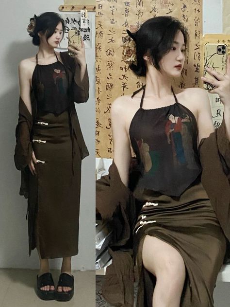 Chinese Traditional Hanfu Set Women's Summer Retro Loose Cardigan+Hanging Neck Tank Top+Hip Wrap Half Skirt Three Piece Set - AliExpress Chinese Halter Top, Hanfu Street Style, Hanfu Skirts, Chinese Skirt, Modern Chinese Fashion, Skirt Set Summer, Mori Style, Modern Hanfu, Mori Fashion